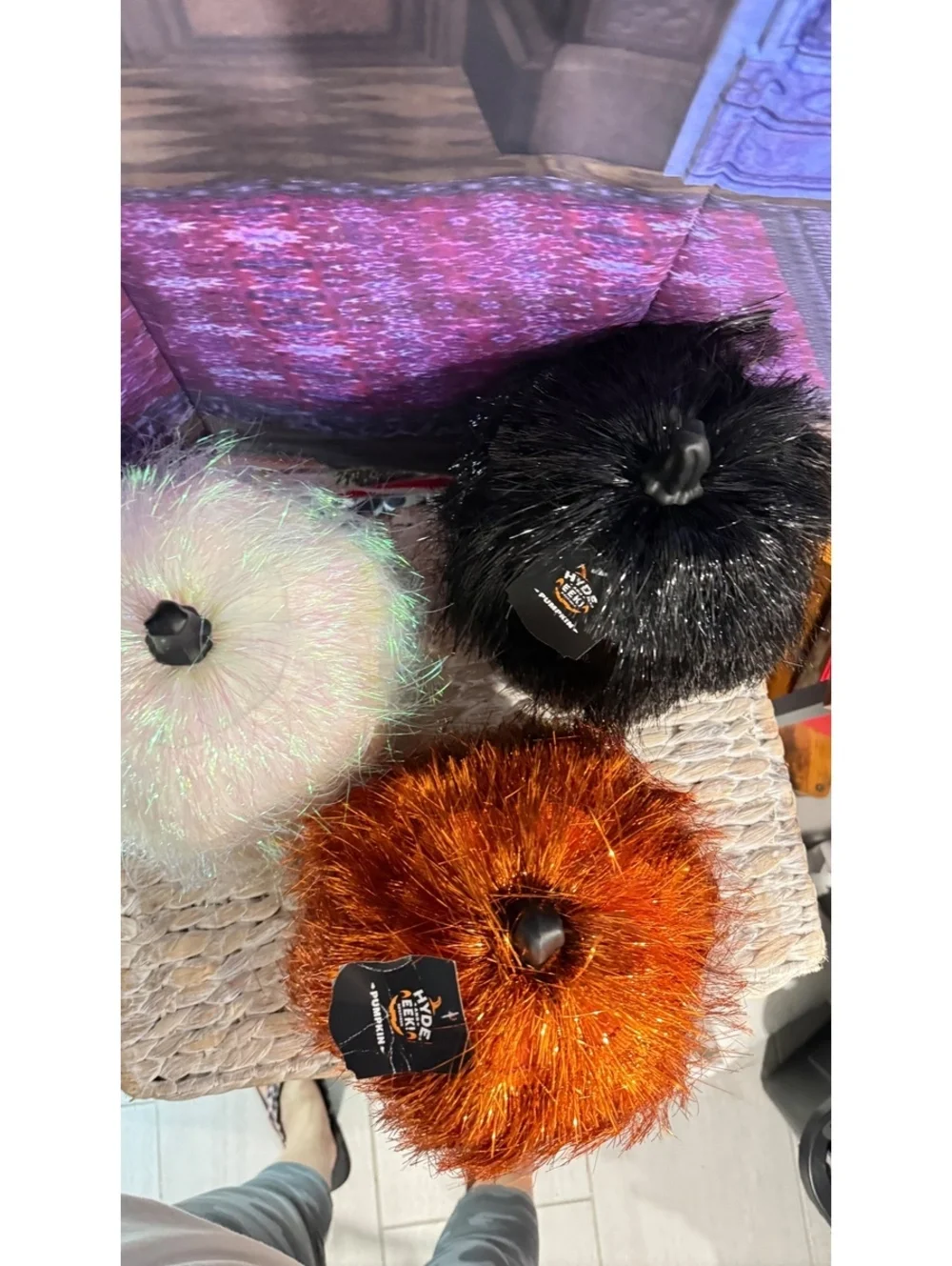 Fringe Tinsel Pumpkin Decor lot of 3 Orange, Black and Iridescent Hyde and Eek